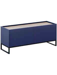 Modrý lakovaný TV stolek Windsor & Co Helene 120 x 40 cm s dubovým dekorem