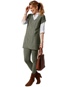 Blancheporte Tunikový pulovr s copánkvým vzorem a krátkými rukávy khaki 34/36