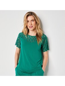 Blancheporte Jednobarevné tričko s krajkou smaragdová 42/44
