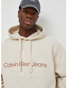 Bavlněná mikina Calvin Klein Jeans pánská, béžová barva, s kapucí, s aplikací, J30J324623