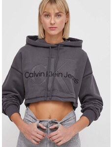 Bavlněná mikina Calvin Klein Jeans dámská, šedá barva, s kapucí, s aplikací