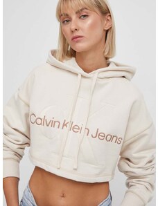 Bavlněná mikina Calvin Klein Jeans dámská, béžová barva, s kapucí, s aplikací, J20J222540