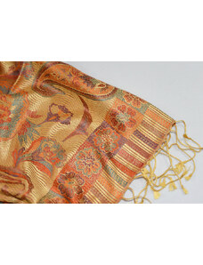 Hedvábná šála Jamawar velká - Žlutá a oranžová s ornamenty 2