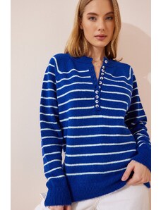 Happiness İstanbul Women's Blue Ecru Buttoned Collar Knitwear Sweater