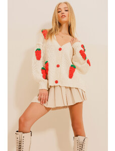 Trend Alaçatı Stili Women's Ecru V Neck Strawberry Hand Knitted Patterned Knitwear Winter Cardigan