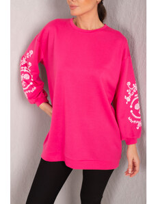 armonika Women's Fuchsia Round Neck Sleeve Embossed Tunic