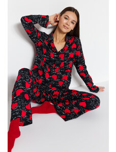 Trendyol Black Heart Viscose Shirt-Pants Woven Pajama Set