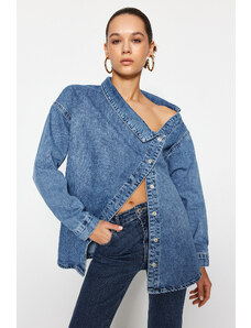 Trendyol Blue Asymmetric Collar Detailed Denim Shirt