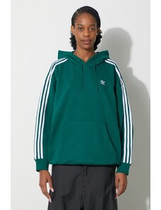 Mikina adidas Originals 3-Stripes Hoodie OS dámská, zelená barva, s kapucí, s aplikací, IN8400