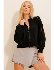 Trend Alaçatı Stili Women's Black Zippered Hole Openwork Knitwear Jacket