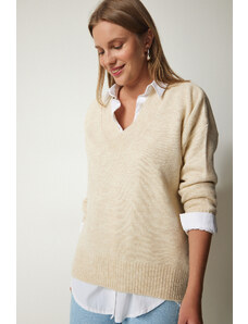 Happiness İstanbul Dámský béžový oversize pletený svetr s výstřihem do V