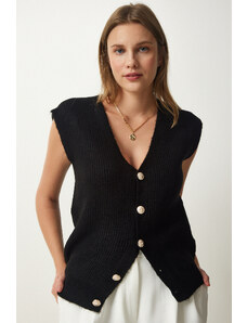 Happiness İstanbul Women's Black Metal Buttoned Woolen Knitwear Vest