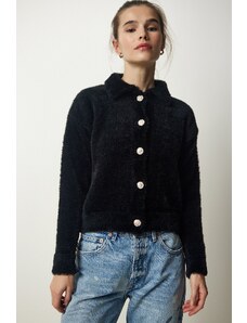 Happiness İstanbul Dámské černé stylové knoflíky vousaté pletené oblečení svetr