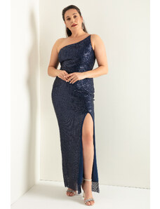 Lafaba Women's Navy Blue One-Shoulder Slit Plus Size Long Evening Dress