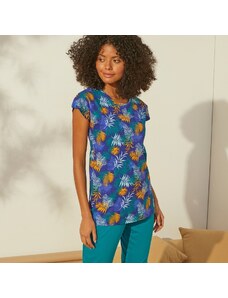 Blancheporte Pyžamové tričko s krátkými rukávy, s potiskem tropického vzoru modrá/šafránová 38/40