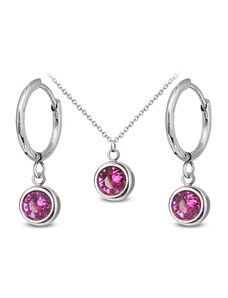 Jewellis ČR Jewellis 2-dílná ocelová sada Chaton Deluxe - náhrdelník a náušnice kruhy s krystaly Swarovski - Fuchsia