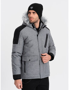 Ombre Clothing Pánská zimní bunda s nastavitelnou kapucí s odnímatelnou kožešinou - šedá a černá V1 OM-JAHP-0144