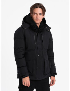 Ombre Clothing Pánská zimní bunda s odepínací kapucí a nákladovými kapsami - černá V3 OM-JAHP-0152