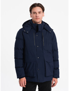 Ombre Clothing Pánská zimní bunda s odepínací kapucí a nákladovými kapsami - tmavě modrá V1 OM-JAHP-0152