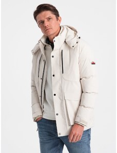 Ombre Clothing Pánská zimní bunda s odepínací kapucí a nákladovými kapsami - krémová V2 OM-JAHP-0152