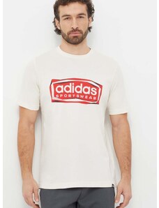 Bavlněné tričko adidas béžová barva, s potiskem, IS2880