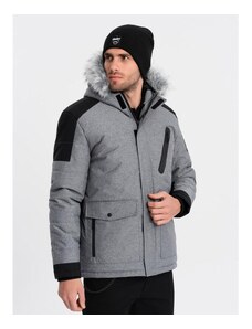 Ombre Clothing Pánská dlouhá zimní bunda s odnímatelnou kožešinou V1 OM-JAHP-0144 šedá a černá