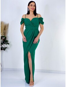 Webmoda Dámské dlouhé zelené společenské šaty s rozparkem a páskem