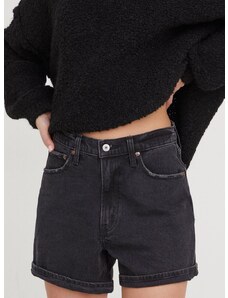 Džínové šortky Abercrombie & Fitch dámské, černá barva, hladké, high waist