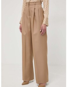 Vlněné kalhoty BOSS béžová barva, široké, high waist