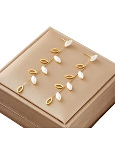Camerazar Dlouhé zlaté náušnice s perleťovými listy z chirurgické oceli, 7,5 cm