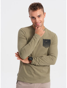 Ombre Clothing Pánské tričko s dlouhým rukávem a potiskem kapes - olivová V2 OM-LSPT-0118