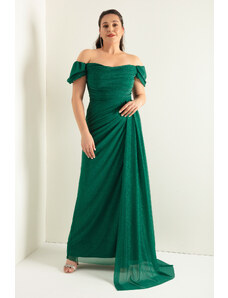 Lafaba Dámské smaragdově zelené lodičkový výstřih přehodil štěrbinu dlouhé stříbřité večerní šaty