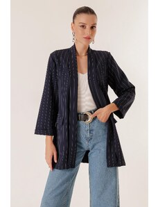 By Saygı Lycra Longitudinal Striped Long Jacket with Shawl Collar Fake Pocket