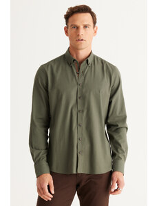 ALTINYILDIZ CLASSICS Men's Khaki Slim Fit Slim Fit Buttoned Collar Cotton Gabardine Shirt.