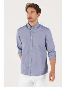 AC&Co / Altınyıldız Classics Men's Navy Blue Slim Fit Slim Fit Oxford Buttoned Collar Gingham Cotton Shirt.