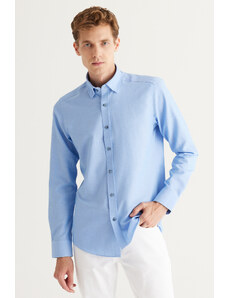 AC&Co / Altınyıldız Classics Men's Blue Slim Fit Slim Fit Cotton Oxford Shirt with Hidden Buttons and Long Sleeved Collar.