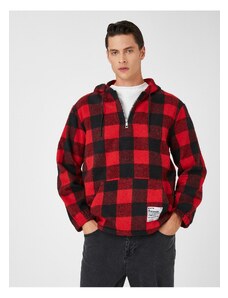 Koton Plaid Hooded Sweatshirt Label Printed Pocket Detail Half Zipper