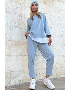 Trend Alaçatı Stili Women's Light Blue Crew Neck Garnished Blouse & Double Pocket Ribbed Stitched Trousers Set