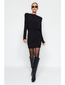 Trendyol Black Wadding Draped Fitted Mini Stretch Knit Dress