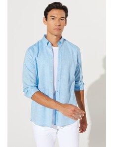 AC&Co / Altınyıldız Classics Men's Blue Slim Fit Slim Fit Button Down Collar Cotton Dobby Linen Shirt