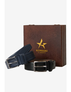 ALTINYILDIZ CLASSICS Men's Black-Navy Blue Special Wooden Gift Boxed 2-Piece Casual Belt Set Groom's Pack