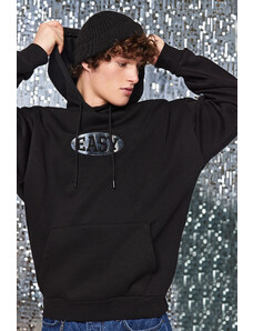 Trendyol Black Oversize/Wide-Fit Hooded Shiny Printed Sweatshirt