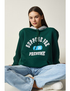 Happiness İstanbul Women's Emerald Green Hooded Rayon Printed Sweatshirt