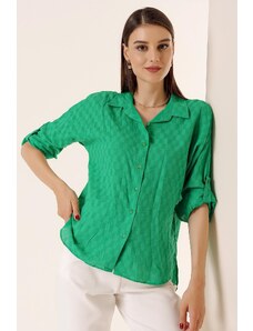 By Saygı Button-Front Polo Collar Shirt with Buttons, Folded Sleeves Dark Green