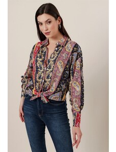 By Saygı Paisley Pattern Oversized Shirt Navy Blue