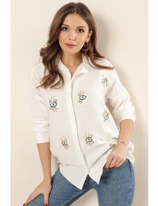 By Saygı Sequins Embroidered Eye Pattern Crepe Linen Shirt Cream