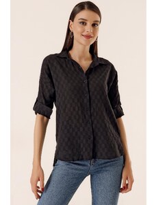 By Saygı Button-Front Polo Collar Shirt with Buttons, Folded Sleeves Black