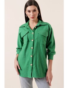 By Saygı Double Pocket Plain Stamped Shirt Green