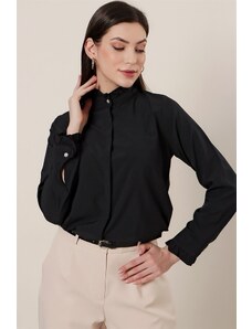 By Saygı Imported Micro-Crepe Shirt Black with Frills around the Collar and Sleeves.
