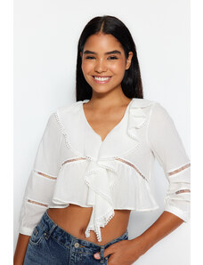 Trendyol Ecru Crop Flounce Woven Shirt